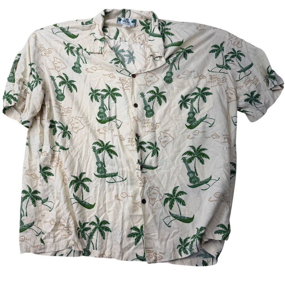 Two Palms Mens 3XL Hawaiian Shirt Made in Hawaii Palm‎ Tree Ukulele Map Cream